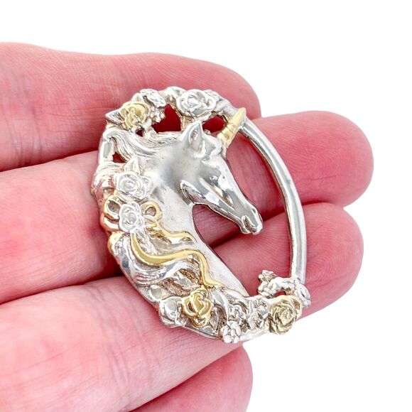 Vintage Sterling Silver 925 Vermeil Floral Unicorn Pendant - Picture 1 of 6
